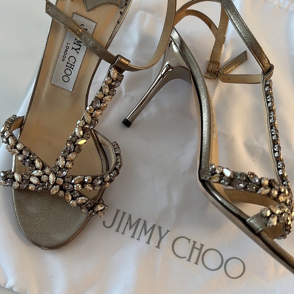 Jimmy Choo High Metal Heels with Crystals Cocktail Sandals Evening Shoes 37.5 - Picture 4 of 11
